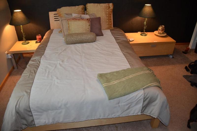 lot 223A image: Ikea queen size bed - bed frame, attached nig...