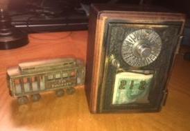 lot 266 image: Old looking cast iron train and mailbox combo...