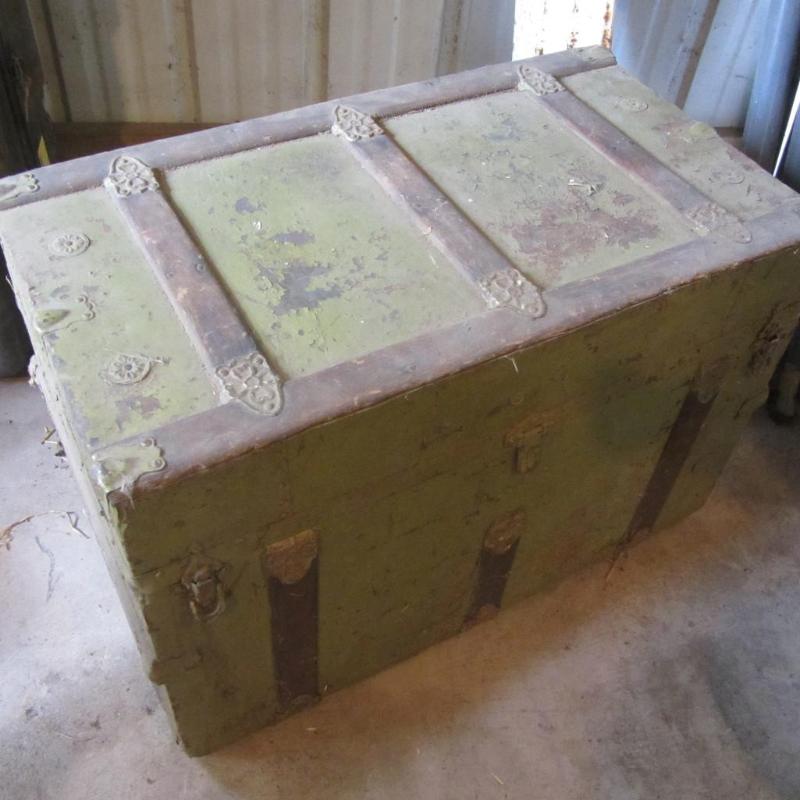 lot 86 image: Antique Wood Strap Trunk