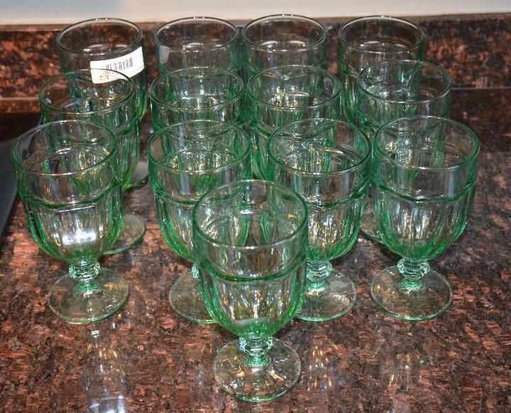 set of 13 green glasses....
