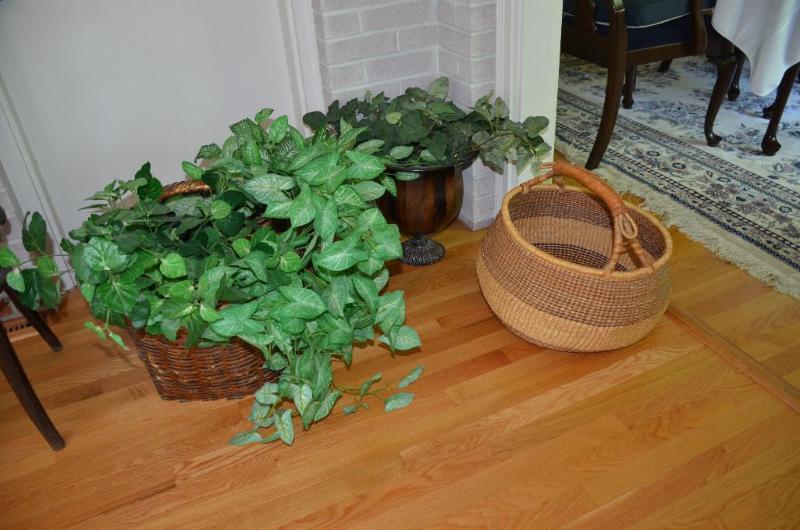 Two baskets, one with a plant and one metal p...