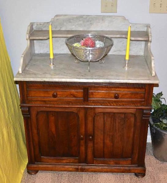 Antique marble top wooden bathroom vanity cab...