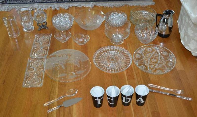 Clear glass platters, bowls, trays, 4 coffee ...