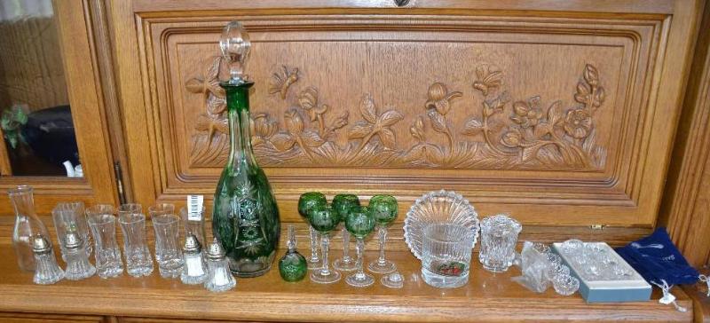 Beautiful green decanter with matching glasse...