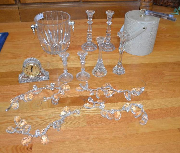 Cut glass candle holders, ice bucket, bowl, B...