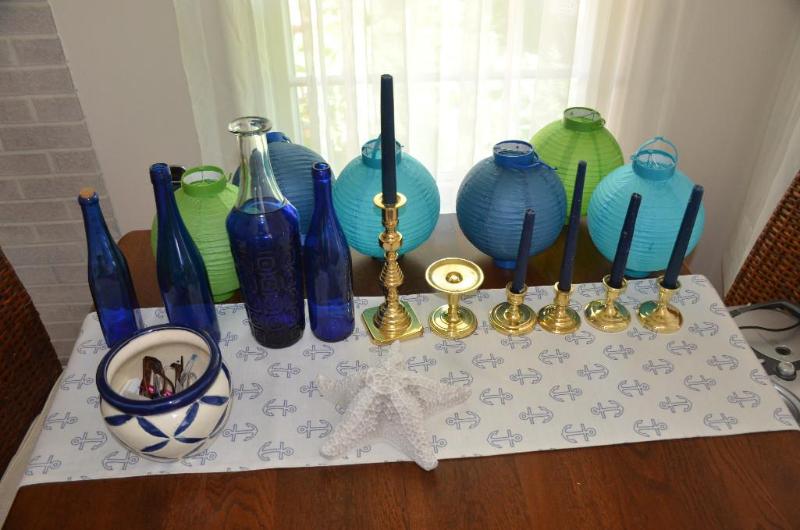 Baldwin candle holders, blue glass, other ite...