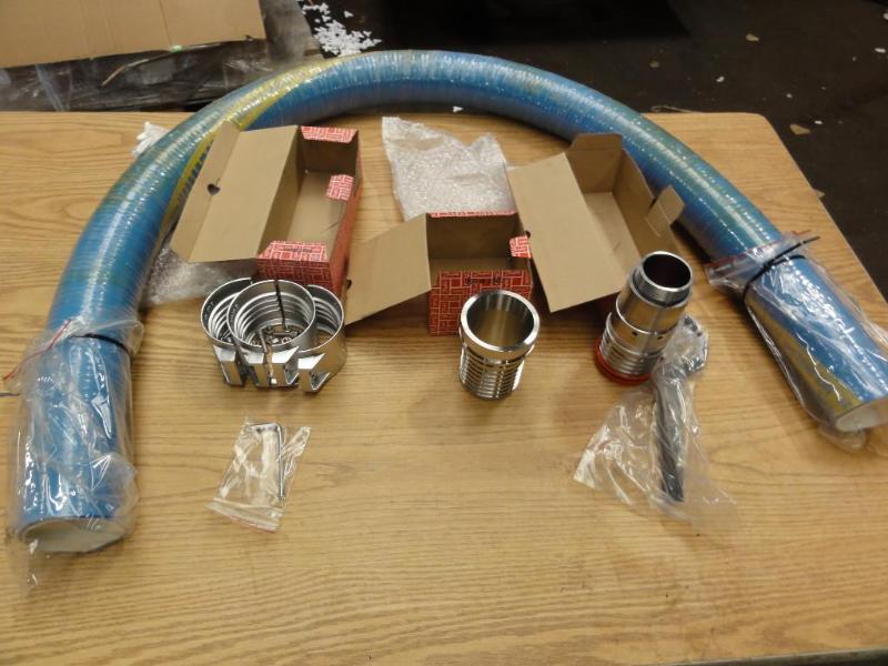 lot 102 image: NEW Assorted 3 DanFoss Hose Connectors, 993B2307, 993B2303, and IVG 6 foot Sanitation Hose