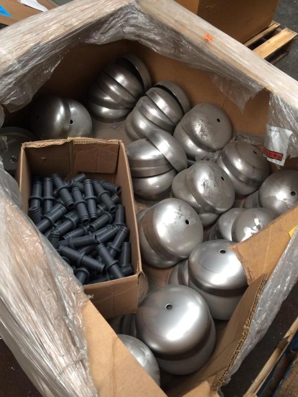 lot 94 image: Approx (70) 8 stainless steel end caps and box of plastic parts