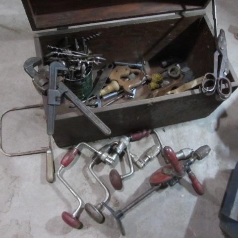 Wooden Box, Drill Braces & Bits