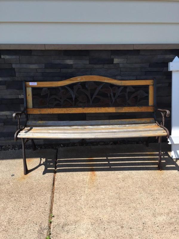 lot 143 image: Outdoor wood and cast iron bench. 15 x 29 x 4...