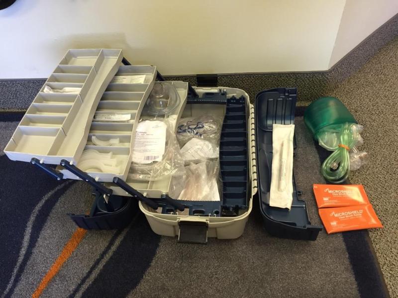 lot 157 image: Tackle box with emergency kit items 2- CPR M...