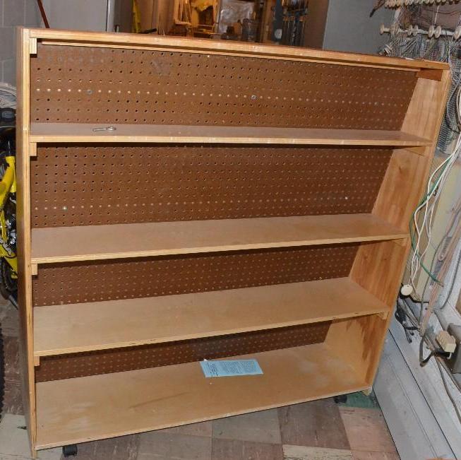lot 113 image: Wood display rack with storage in the back. 4...