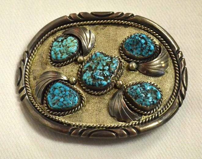 lot 123 image: Turquoise and sterling silver belt buckle. ...