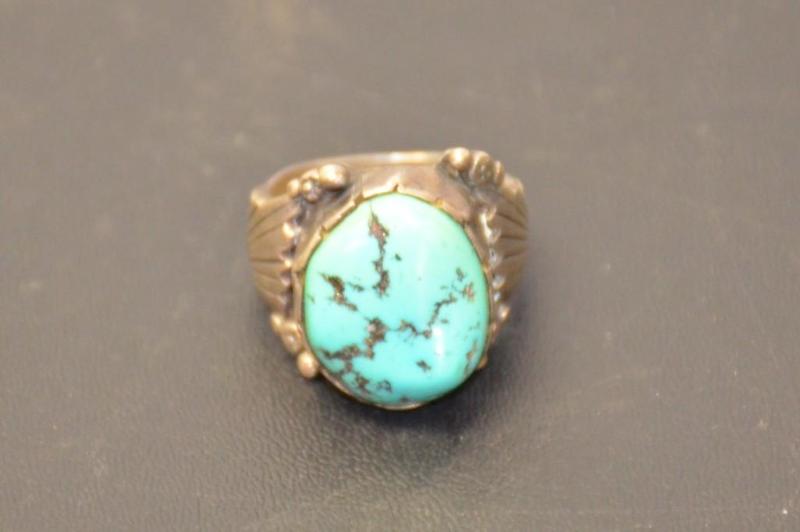 lot 127 image: Turquoise and sterling silver ring. Initials ...