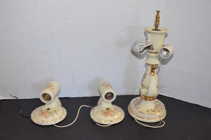 lot 153 image: Antique&nbspPorceleir Lamp and 2 wall light ...