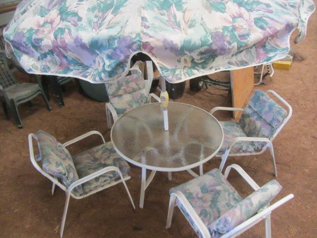 lot 147 image: Patio Table, Chairs, Umbrella
