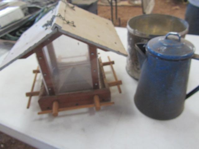 lot 444 image: Blue Enamel Coffee, Ice Cream Can, Bird Feeder