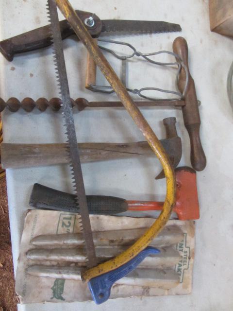 lot 453 image: Log Drill, Hatchet, Saws
