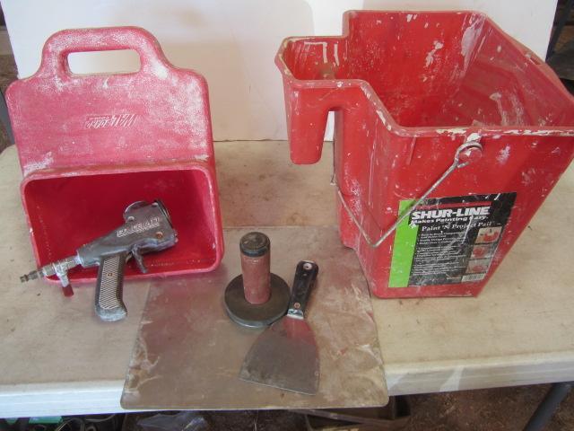 lot 99 image: Mud Board, Spray Hopper, Paint Pail
