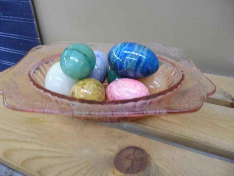 Depression Glass Bowl and Alabaster Eggs