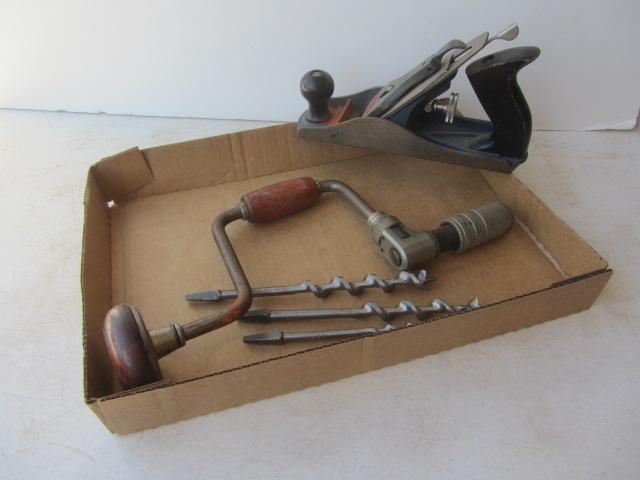 Wood Plane, Drill Brace & Bits