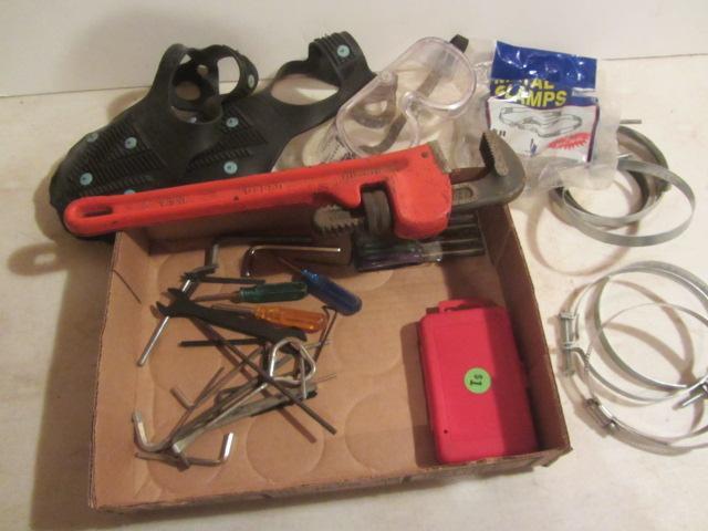 lot 86 image: Pipe Wrench, Hex Key, Knee Pads