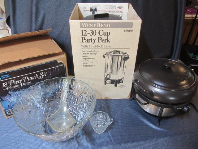 lot 24 image: Punch Bowl Set, Coffee Maker, Crock Pot
