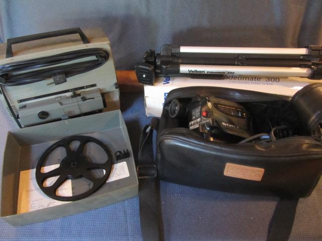 lot 93 image: Super 8 Projector, Movie Camera, Tripod