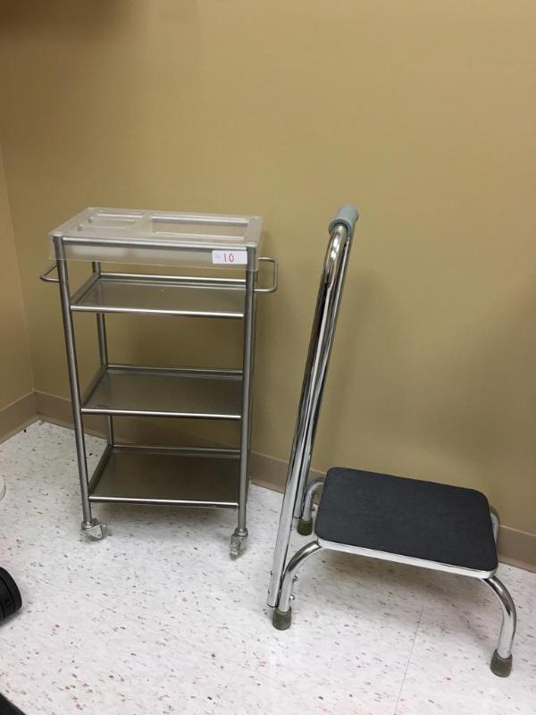 lot 10 image:   Metal rolling cart 20x9x30 & stool...