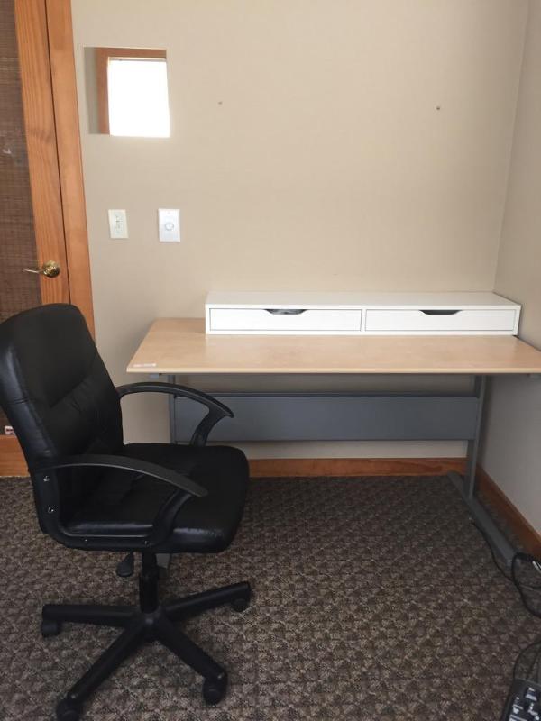 lot 80 image: Wood IKEA desk 54x28x29 and leather rolling d...