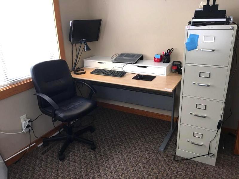 lot 87 image: Wood IKEA desk 28x54x29 with leather rolling ...