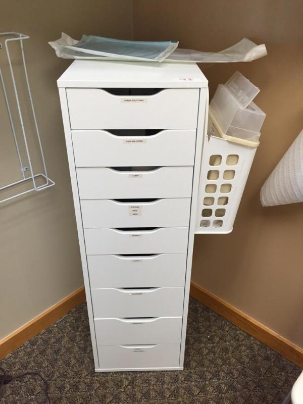 lot 98 image: 9 drawer cabinet 14x19x45 contents included- ...