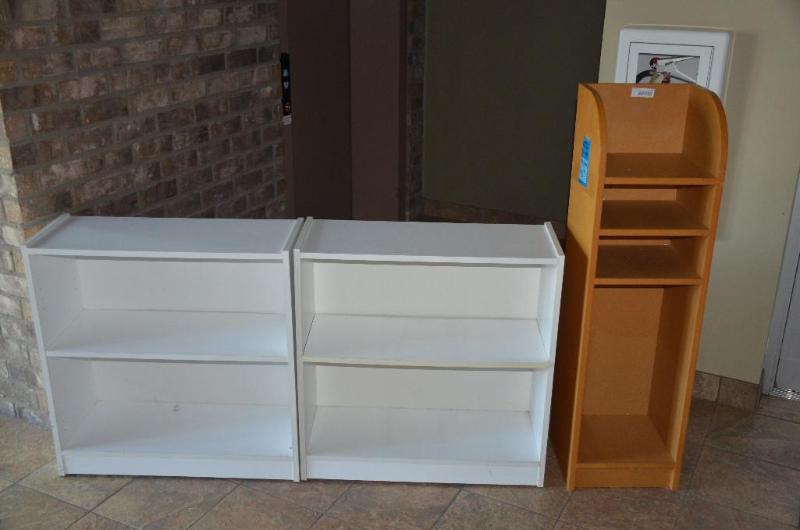 lot 14 image: Literature display and 2 white shelves (white...