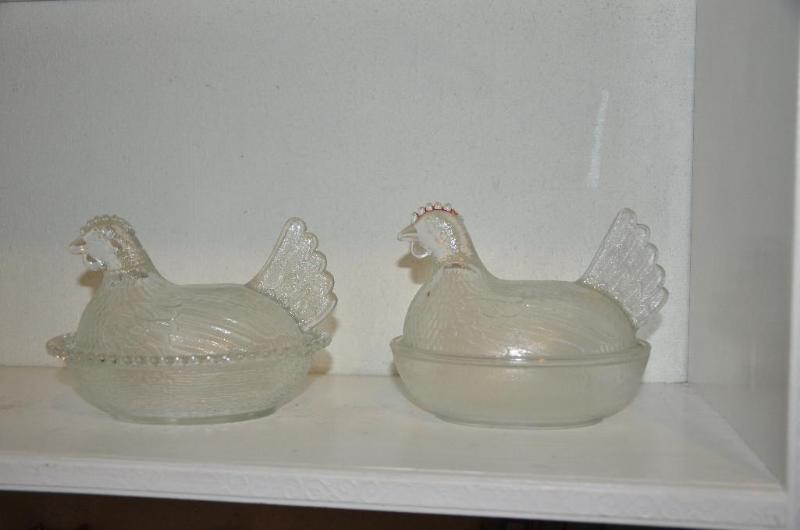 Two vintage glass hens 7&quot long....