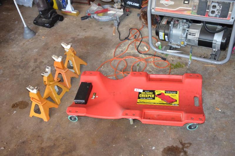Low profile creeper, 4 three ton jack stands....