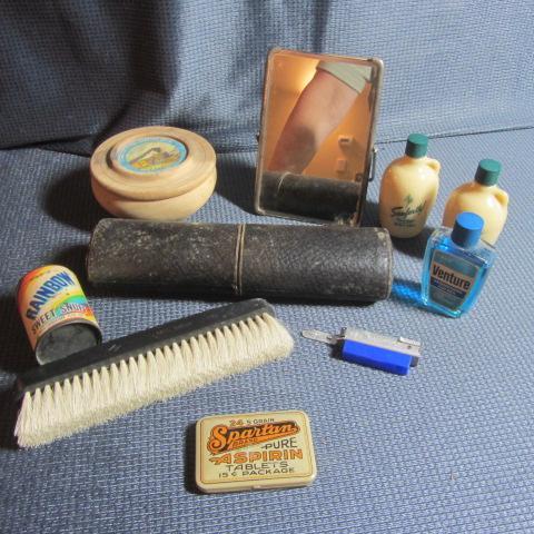 Vintage Shaving Mirror, Leather Travel Tube
