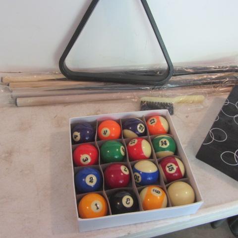 New Pool Balls, Holders, Cues