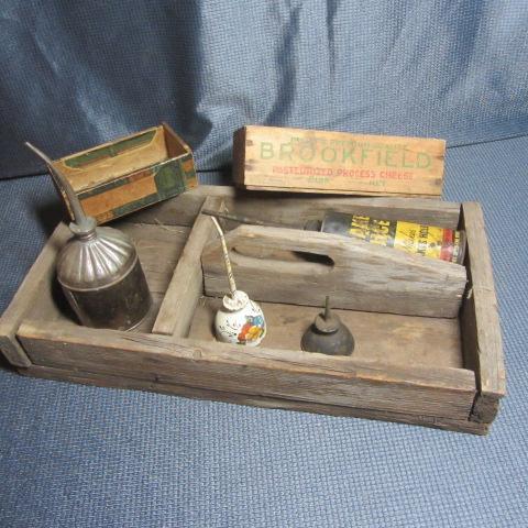 Wooden Tray, Oil Cans, Cheese Box