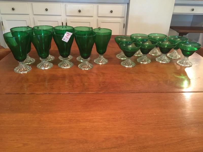 lot 19 image: Lot of green glass goblets. Nine 6" &...
