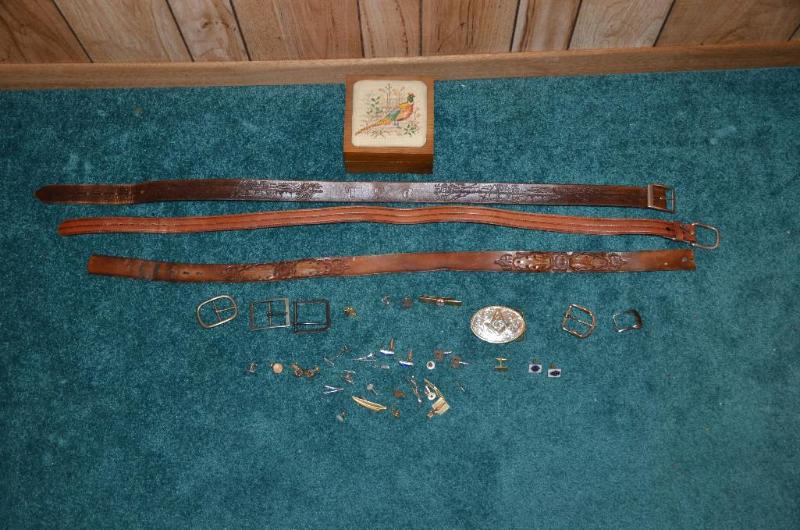 lot 53 image: 3 leather belts belt buckles, wood box cuff l...
