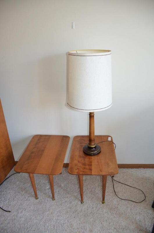 lot 8 image: two wood end tables 18x24x16. and wooden lamp...