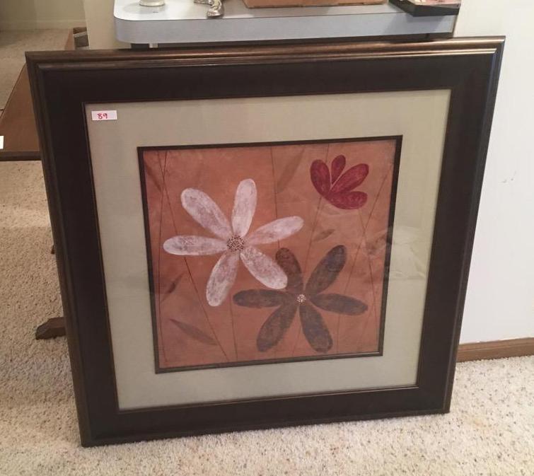 lot 89 image: Large framed Art work of 3 flowers. Size is 3...