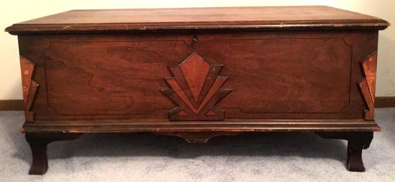 lot 24 image: Vintage Cedar Chest with key. Leg needs to be...