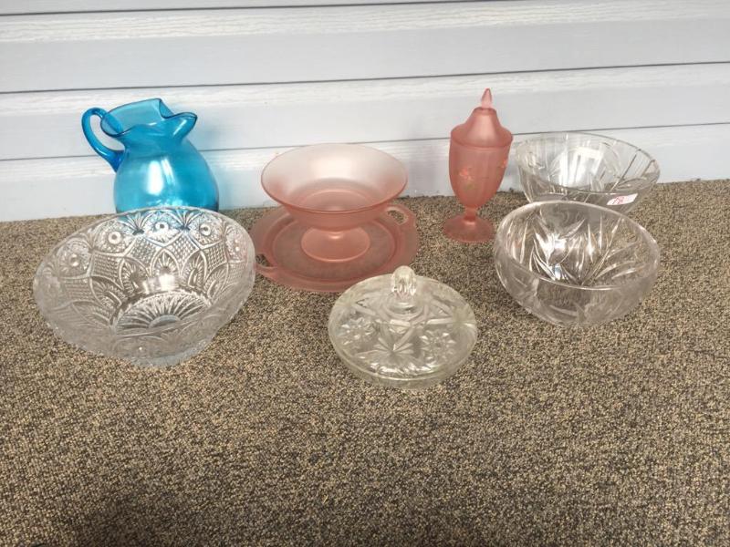 lot 78 image: Lot of glassware Blue pitcher7" diamete...
