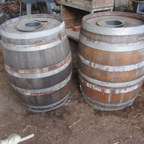 lot 5 image: Pair Wooden Rain Barrels