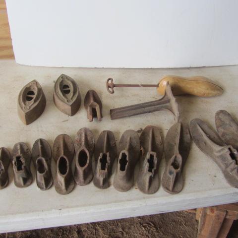lot 91 image: Sad Iron, Shoe Last Stand & Molds
