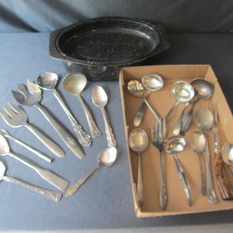 lot 100 image: Enamel Roaster, Forks, Spoons, Dippers
