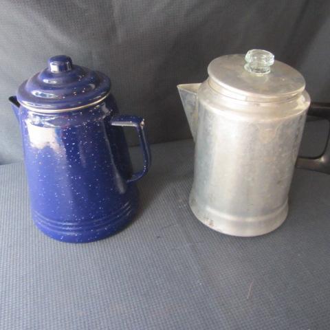 lot 24 image: Blue Enamel & Aluminum Coffee Pots