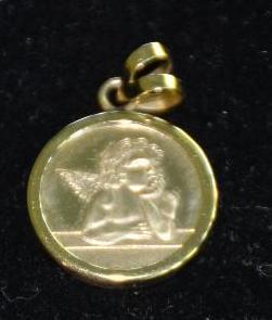 lot 111 image: 14k Gold pendant with angel coin insert....