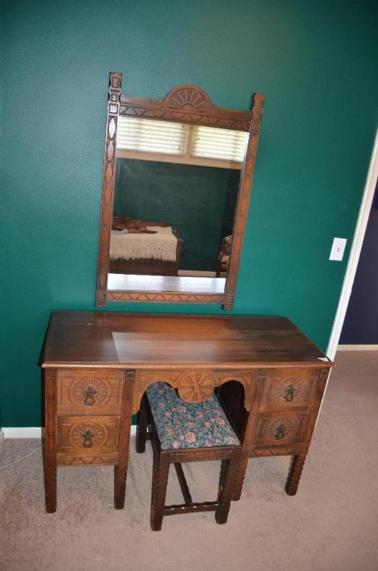 lot 151 image: Antique wood desk 30x30x48", mirror 27x4...